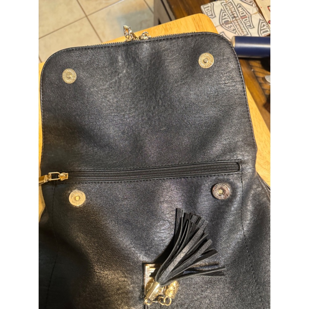 Mystique Black Vegan Leather Tassel Backpack Gold Hardware Striped Lining - Picture 3 of 7